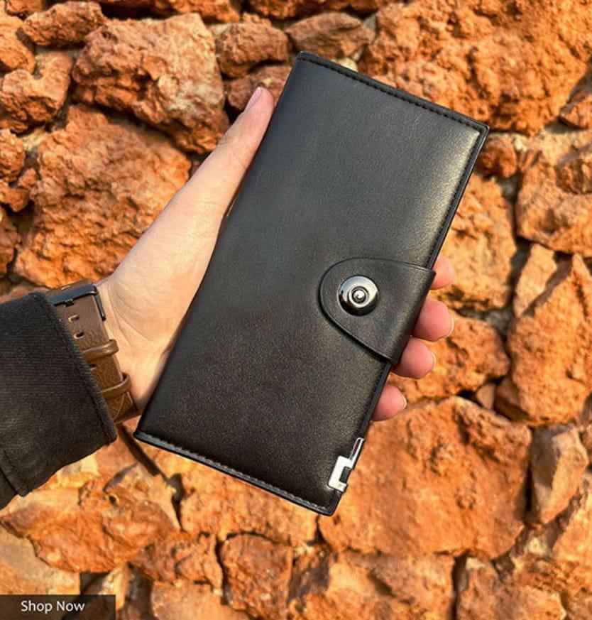 Tri-Fold Leather Wallet Black Brown Unisex 18x9cm