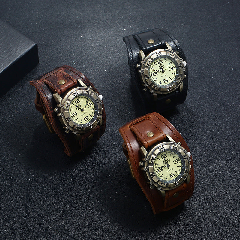 Vintage Brass Compass Watch for Men Women Brown Leather Strap
