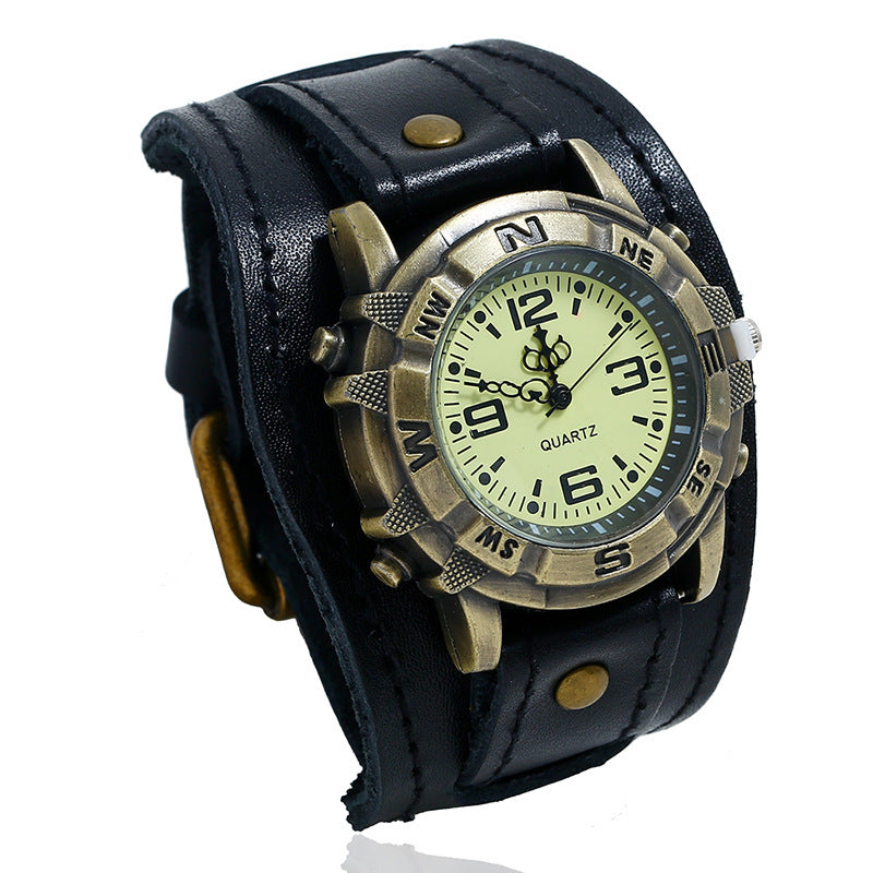 Vintage Brass Compass Watch for Men Women Brown Leather Strap