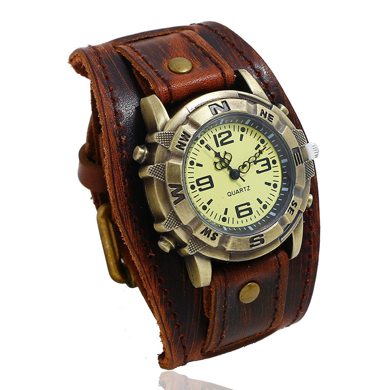 Vintage Brass Compass Watch for Men Women Brown Leather Strap