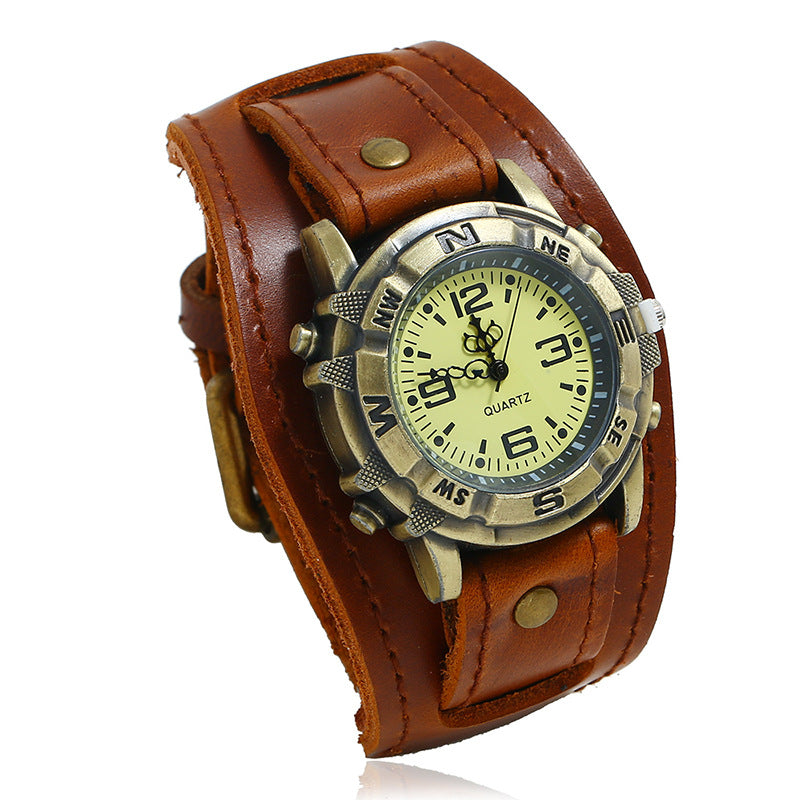 Vintage Brass Compass Watch for Men Women Brown Leather Strap