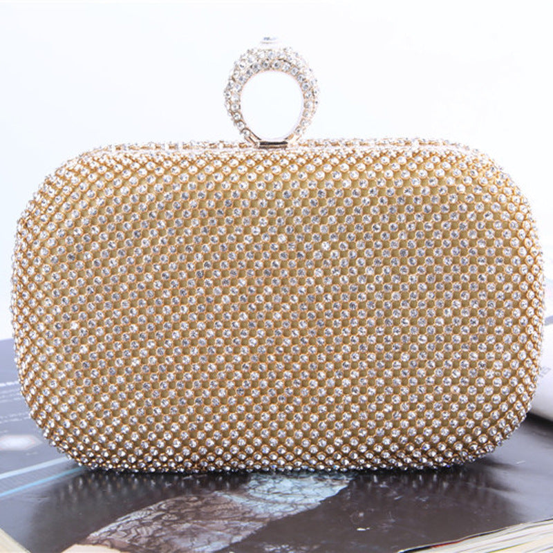 Gold Rhinestone Clutch Bag with Ring Handle