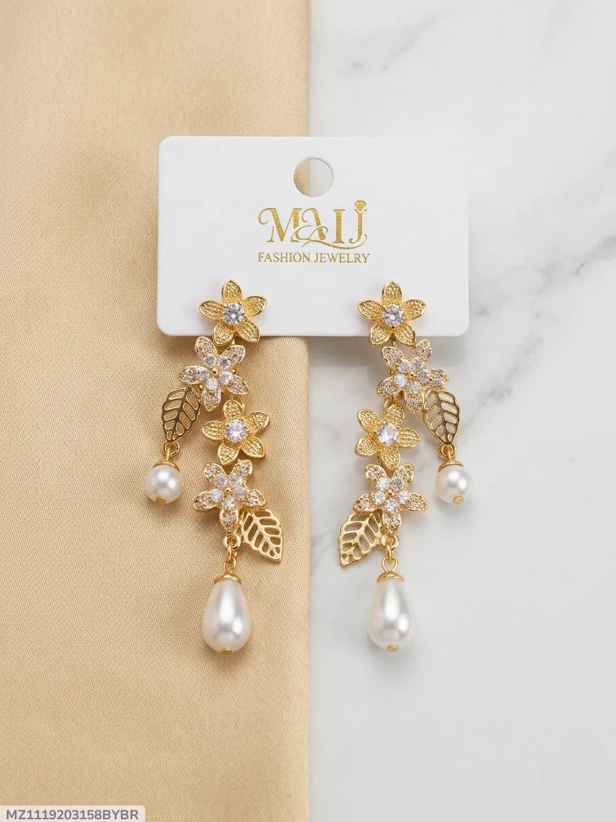 Golden Floral Pearl Earrings for Women