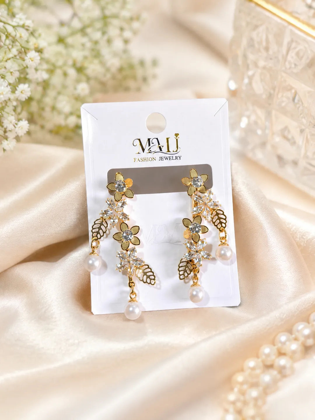 Golden Floral Pearl Earrings for Women