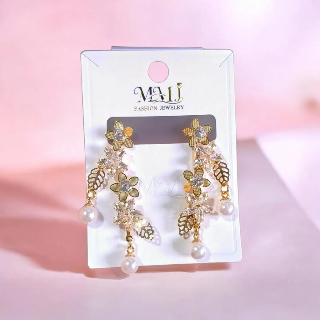 Golden Floral Pearl Earrings for Women