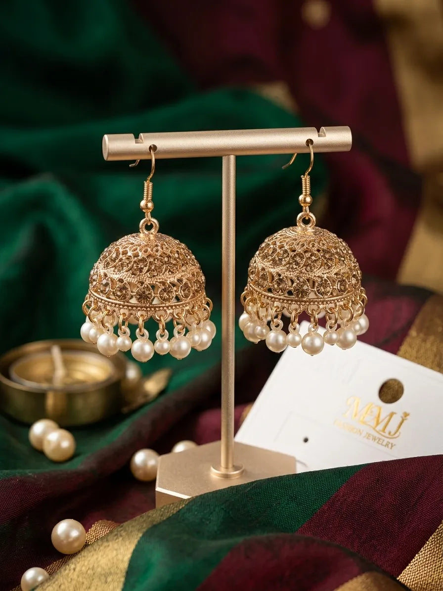 Golden Pearl Jhumka Earrings for Women