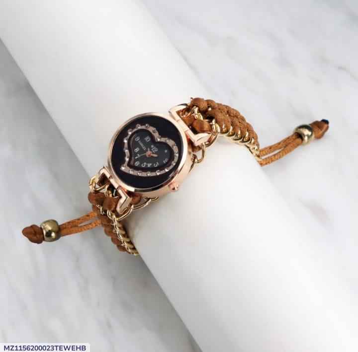 Women's Heart Dial Bracewatch Brown Leather Strap Stainless Steel