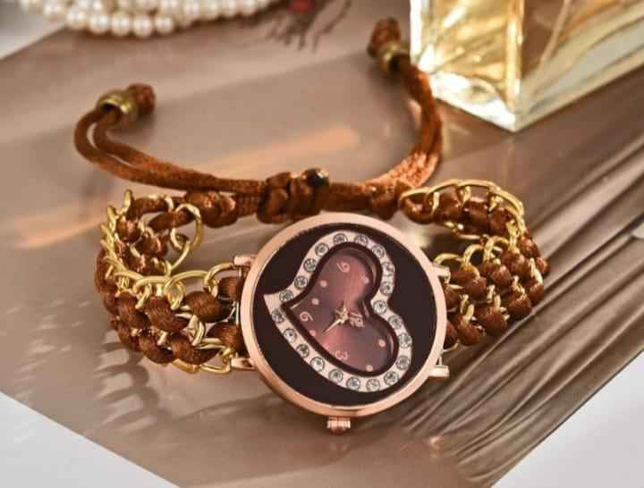 Women's Heart Dial Bracewatch Brown Leather Strap Stainless Steel