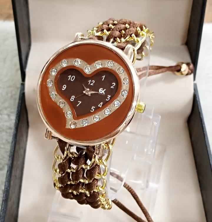 Women's Heart Dial Bracewatch Brown Leather Strap Stainless Steel