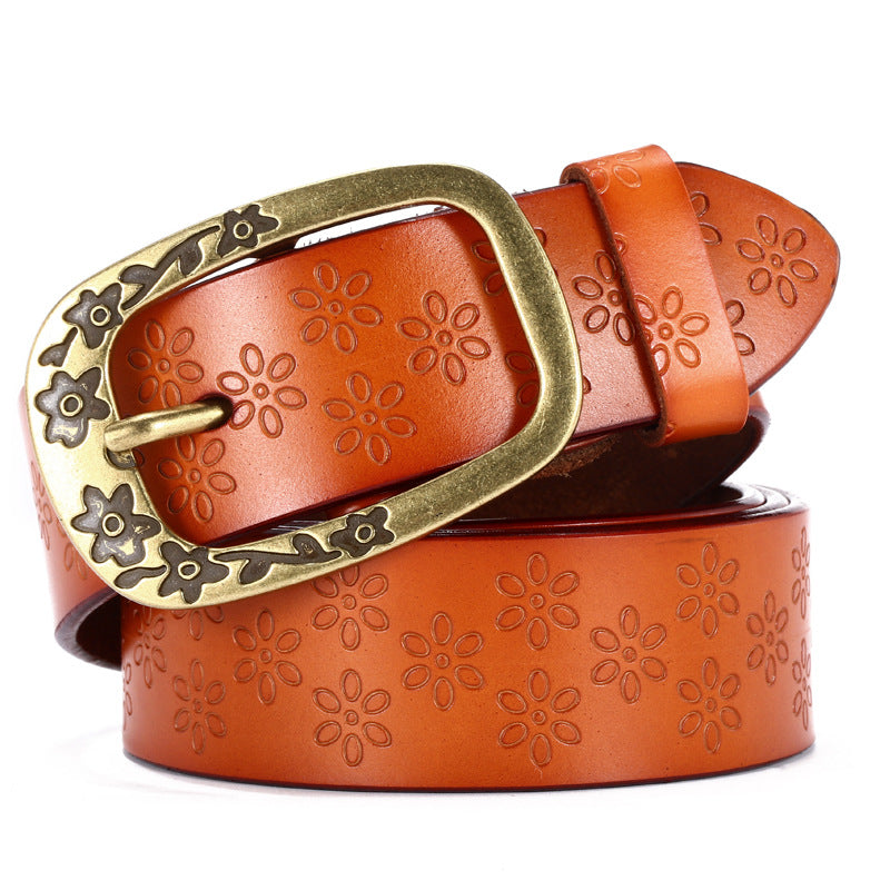 Women Retro Flower Print Wide Cowhide Belt