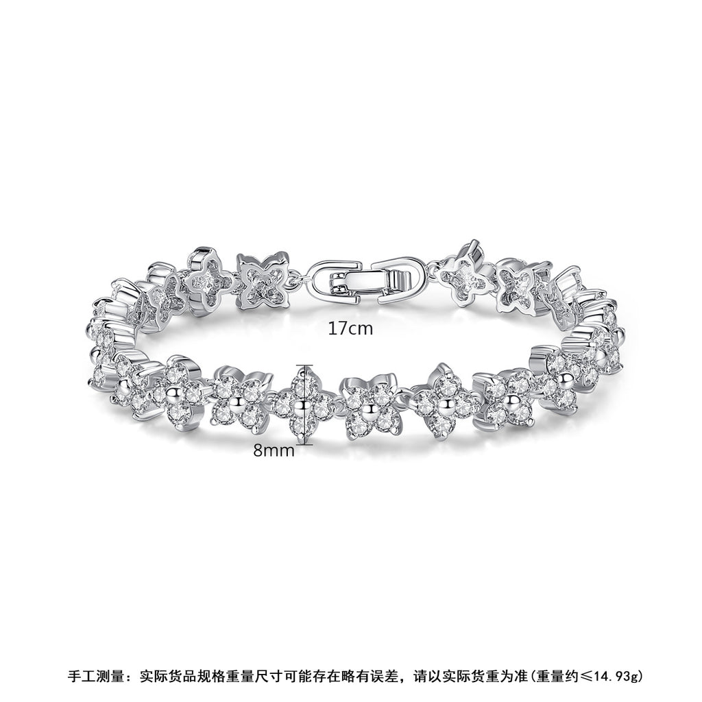 Silver Flower Bracelet for Women with Sparkling Stones