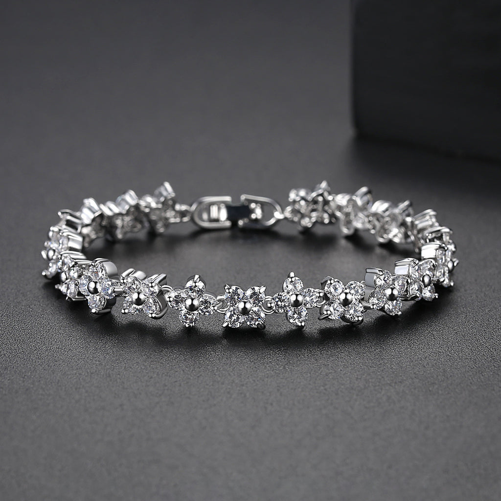 Silver Flower Bracelet for Women with Sparkling Stones