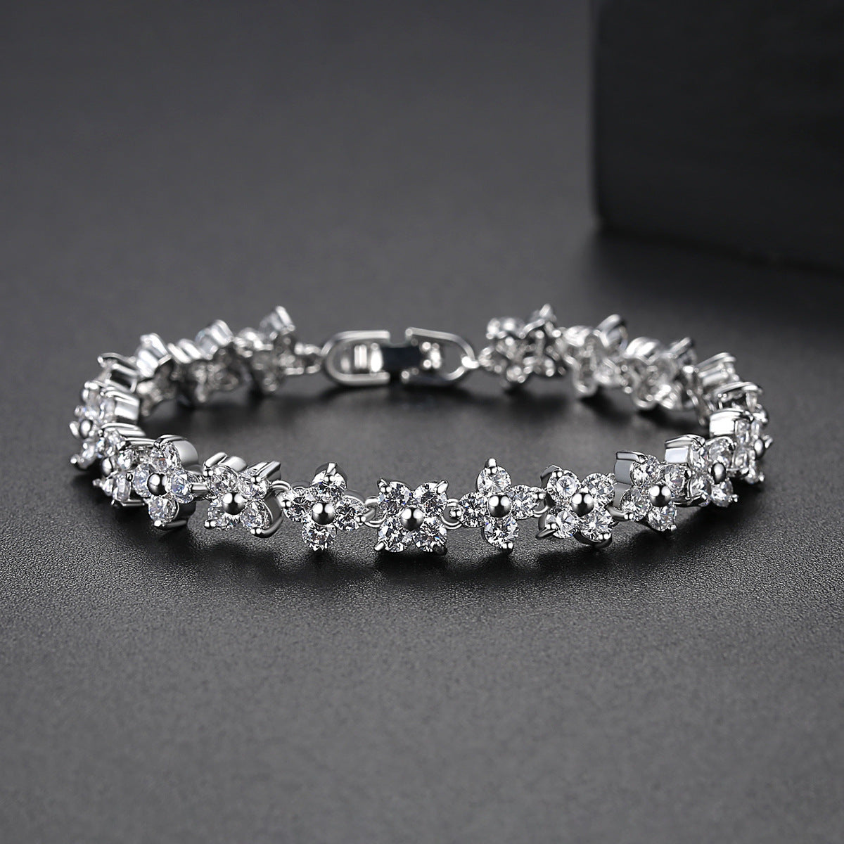 Silver Flower Bracelet for Women with Sparkling Stones