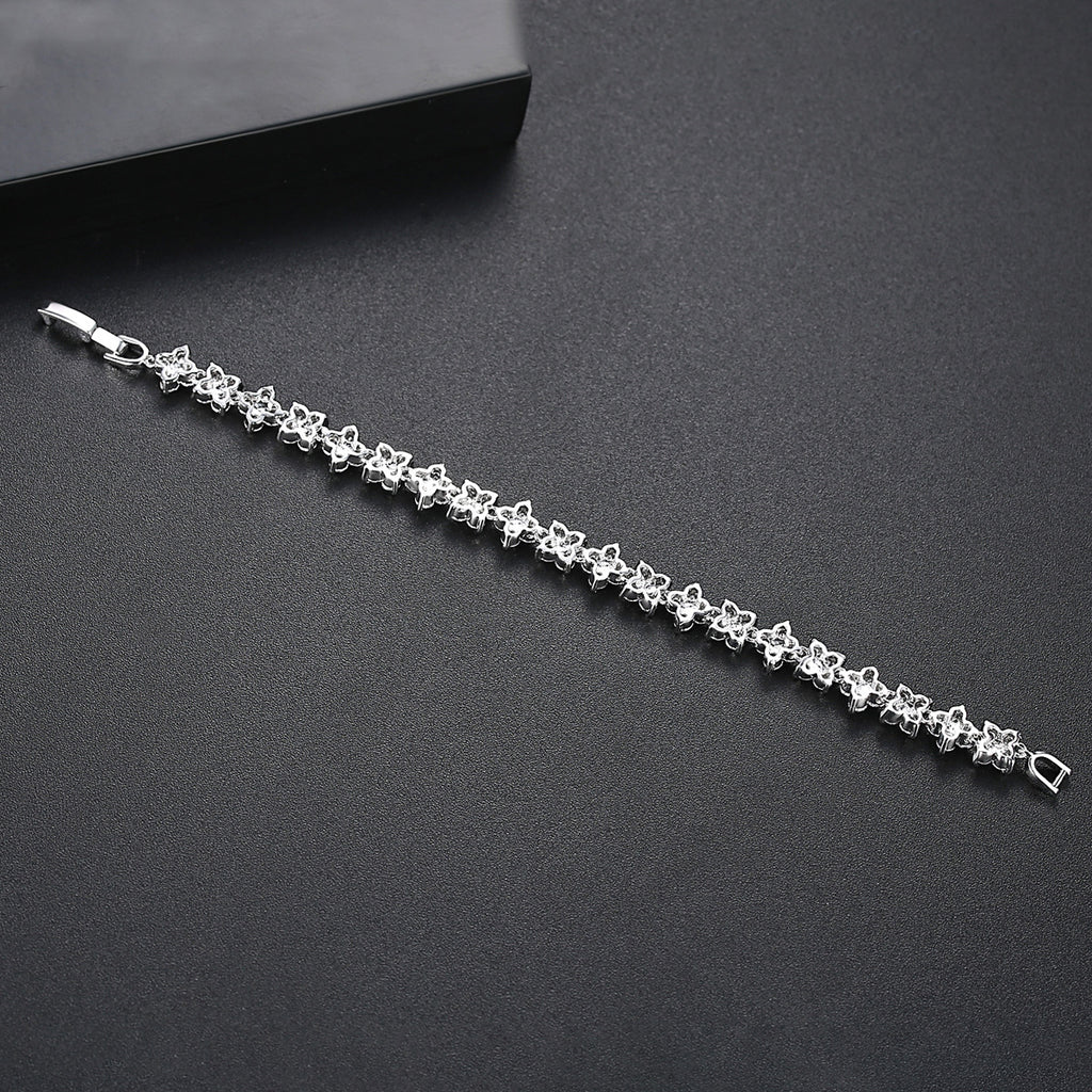 Silver Flower Bracelet for Women with Sparkling Stones