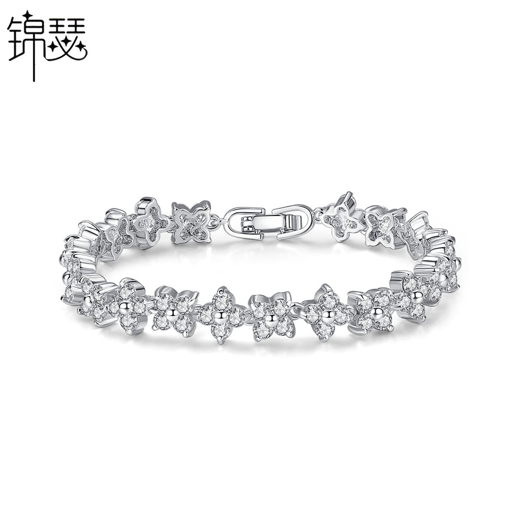 Silver Flower Bracelet for Women with Sparkling Stones