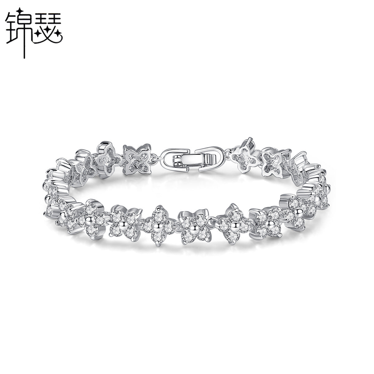 Silver Flower Bracelet for Women with Sparkling Stones