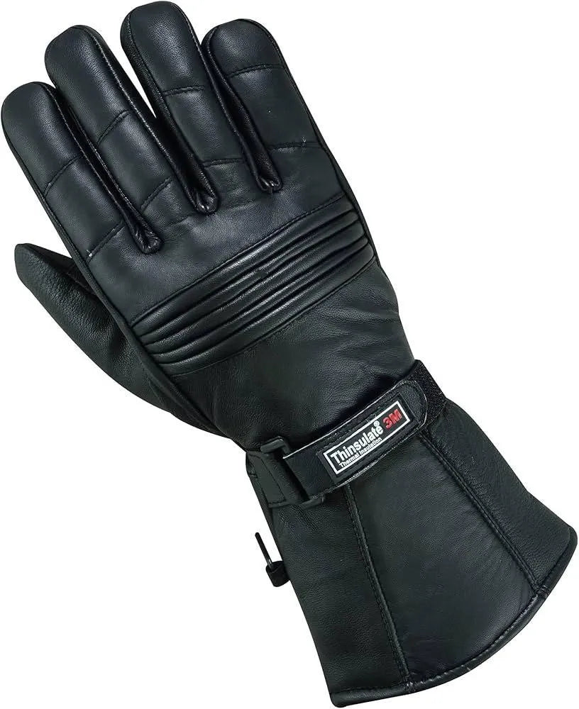 Black Leather Winter Gloves with Adjustable Strap