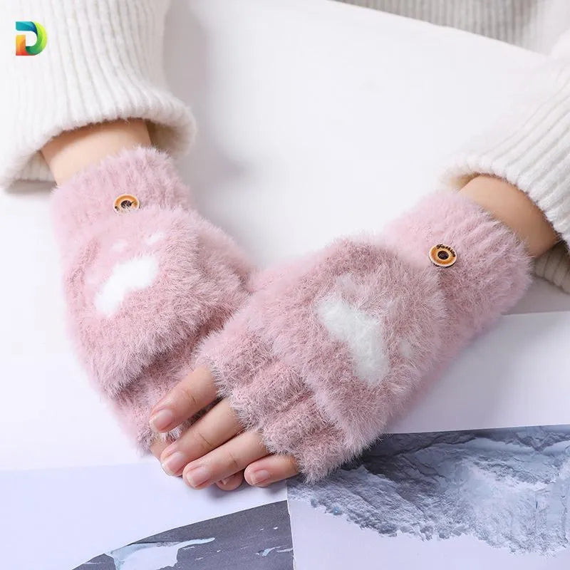 Women Wool Fingerless Gloves Pink Heart Design