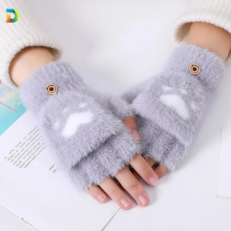 Women Wool Fingerless Gloves Pink Heart Design