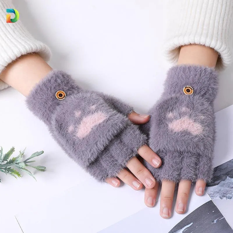 Women Wool Fingerless Gloves Pink Heart Design