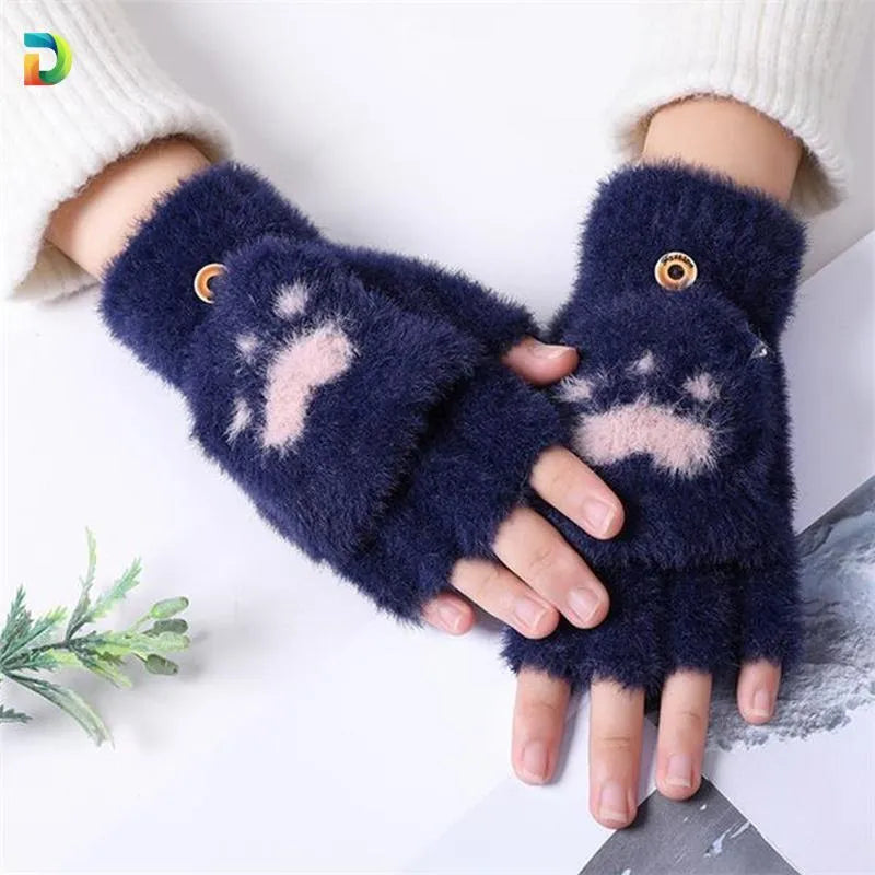 Women Wool Fingerless Gloves Pink Heart Design