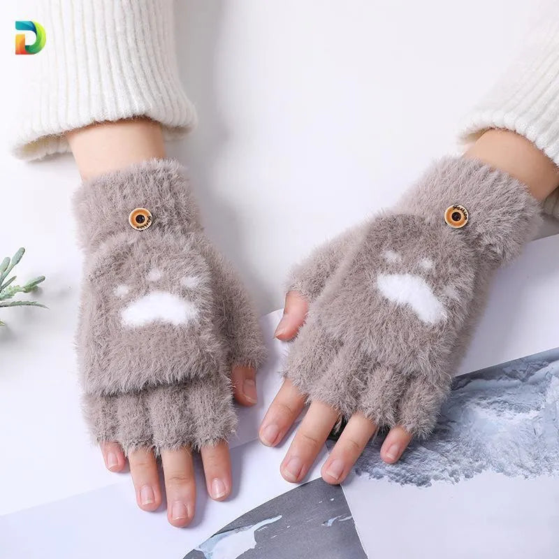 Women Wool Fingerless Gloves Pink Heart Design