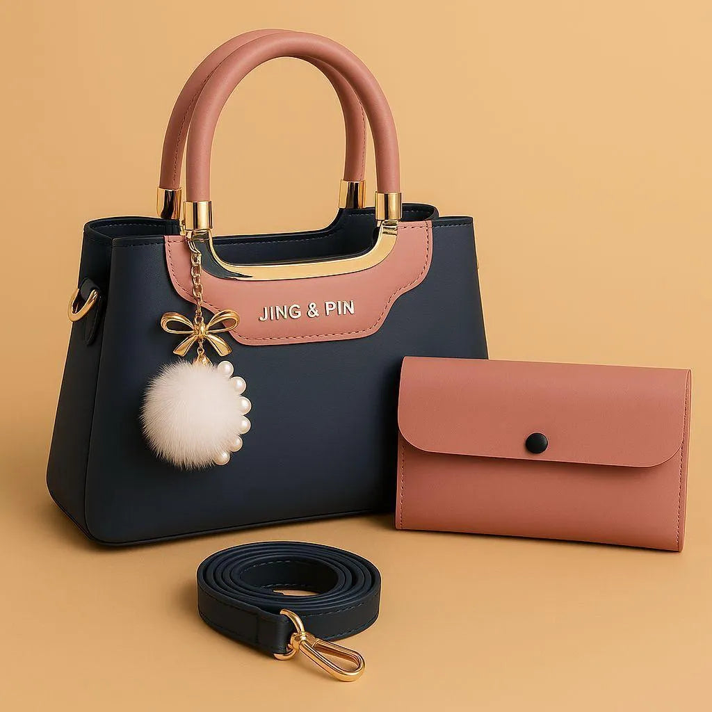 Navy Pink Rexine Handbag Set with Wallet & Strap