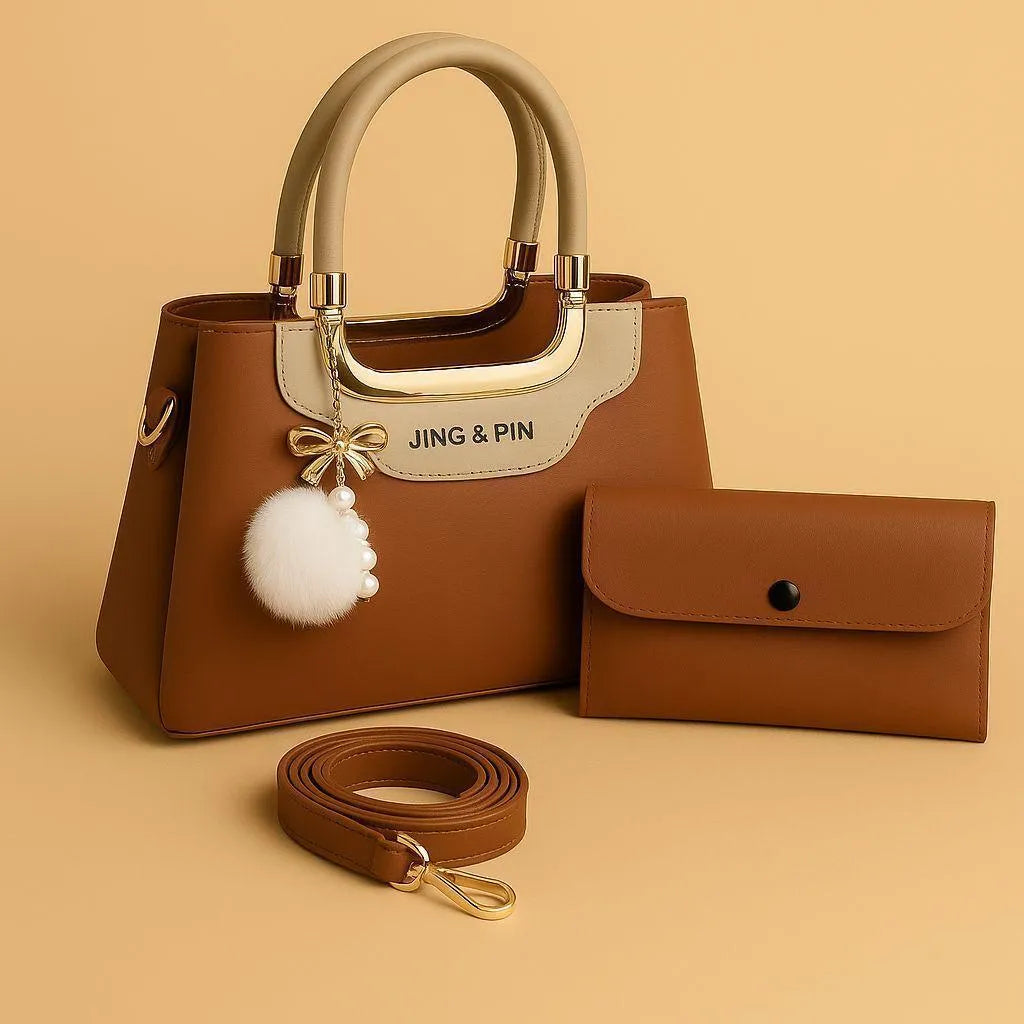 Navy Pink Rexine Handbag Set with Wallet & Strap