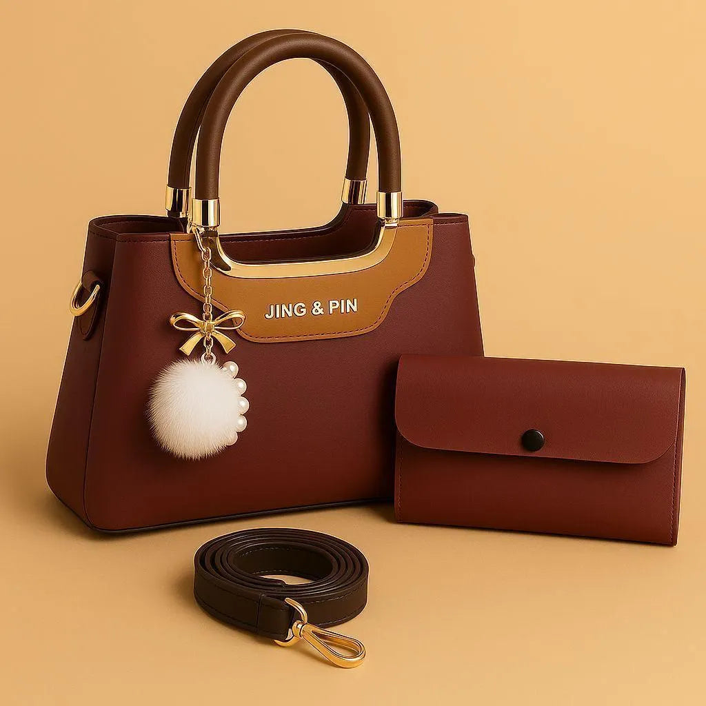 Navy Pink Rexine Handbag Set with Wallet & Strap