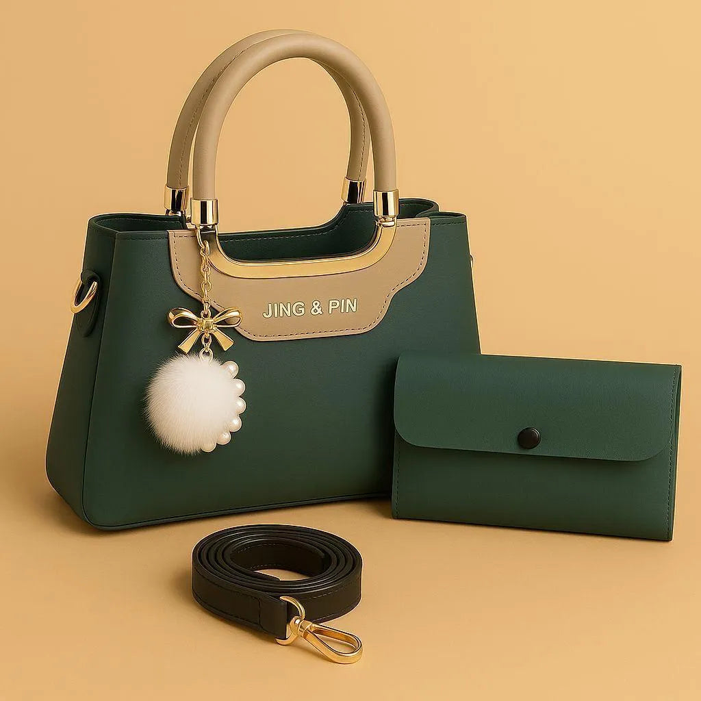 Navy Pink Rexine Handbag Set with Wallet & Strap