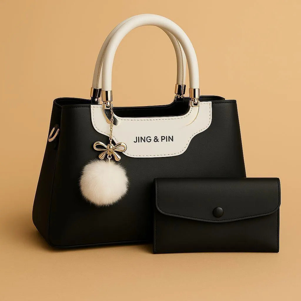 Navy Pink Rexine Handbag Set with Wallet & Strap