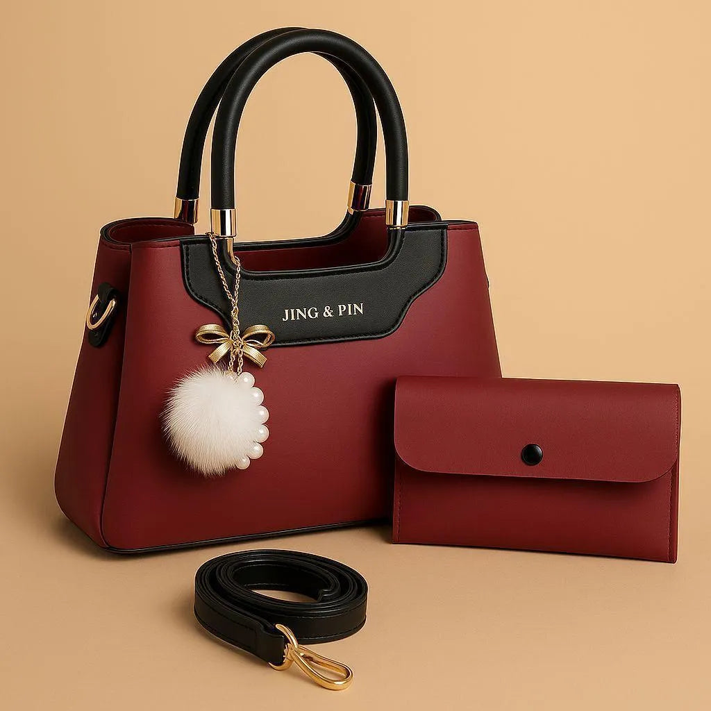 Navy Pink Rexine Handbag Set with Wallet & Strap