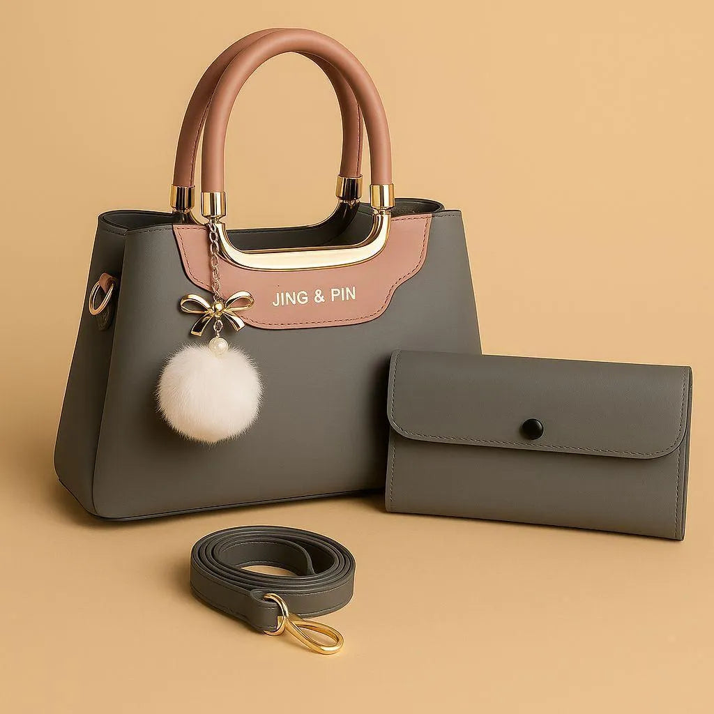 Navy Pink Rexine Handbag Set with Wallet & Strap