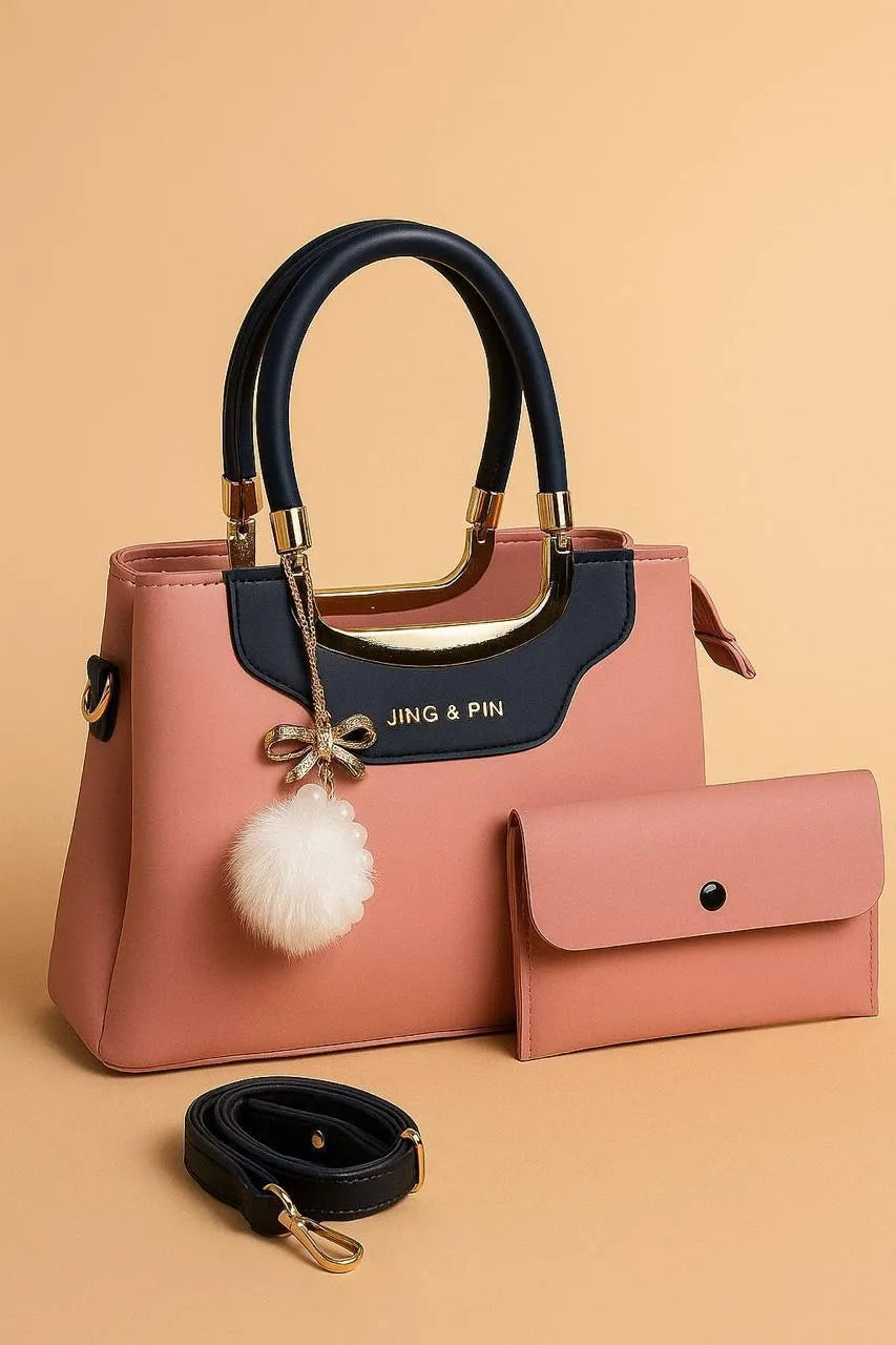 Navy Pink Rexine Handbag Set with Wallet & Strap