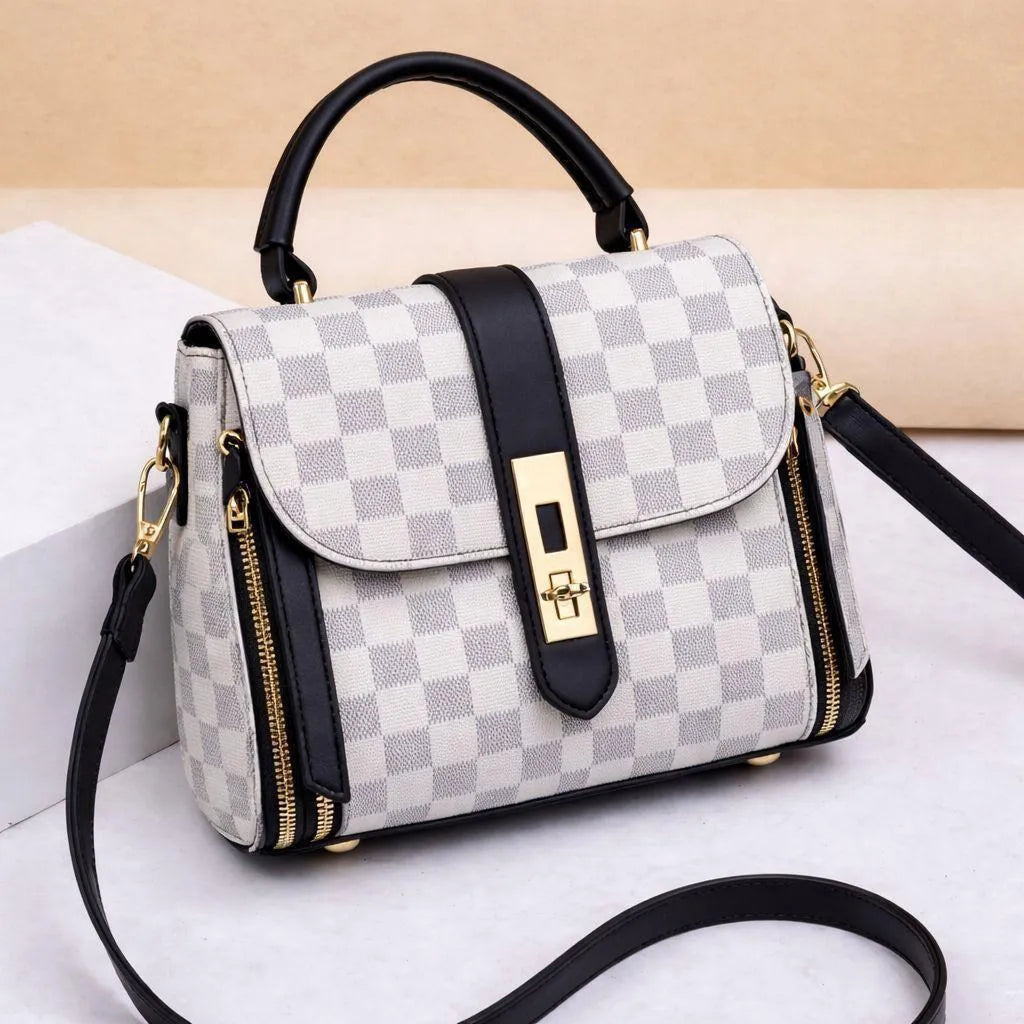 Women's Checkered Leather Shoulder Bag White 3cm