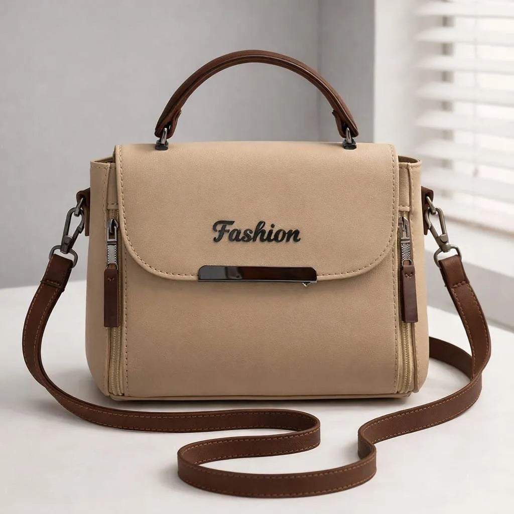 Women's Beige Leather Shoulder Bag with Top Handle