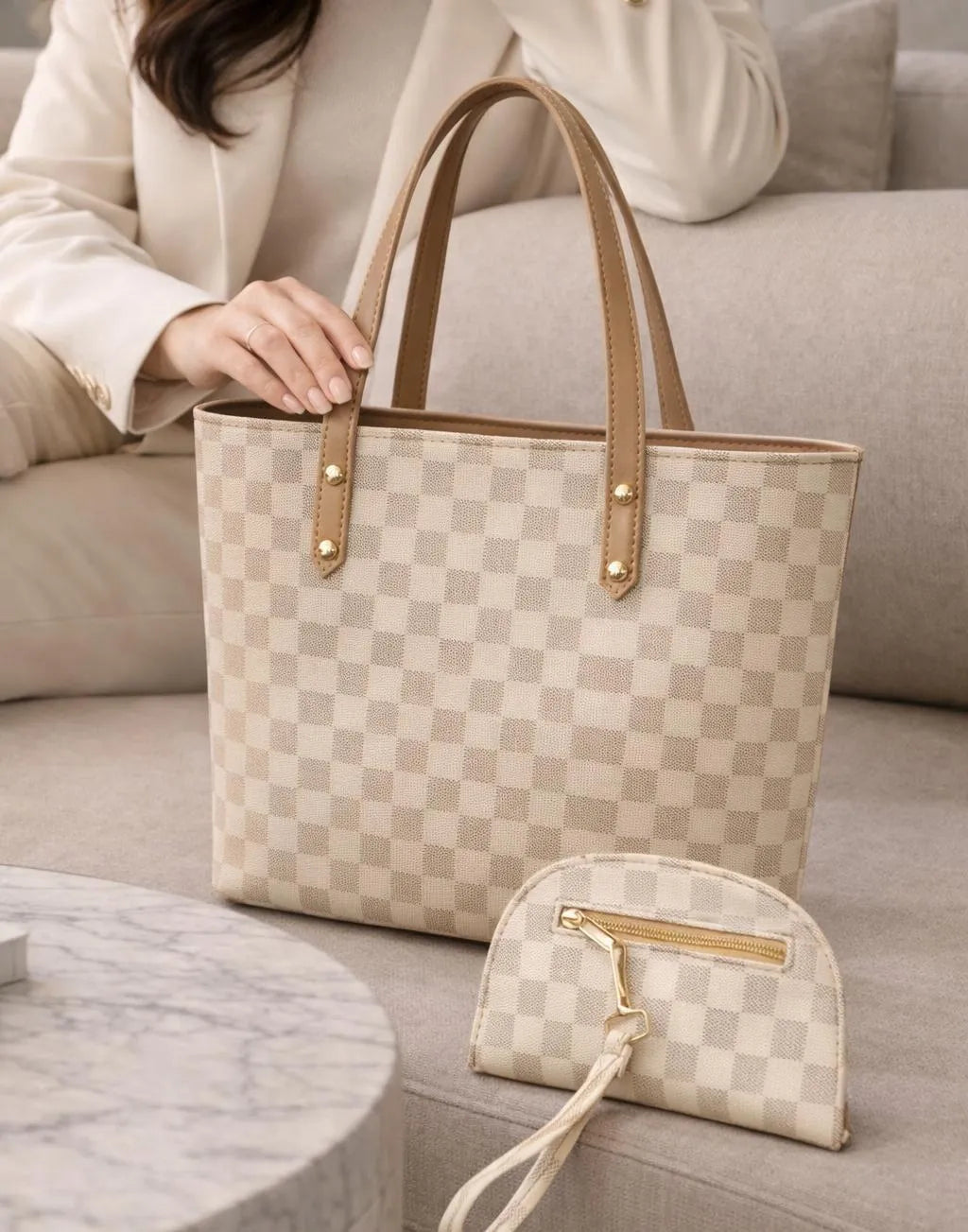 Women's Beige Checkered Leather Handbag Set 2 Pcs Top Handle