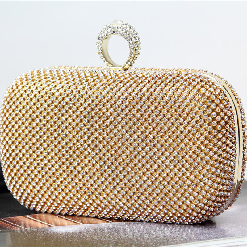 Gold Rhinestone Clutch Bag with Ring Handle