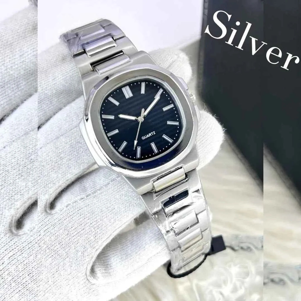 Men Square Watch Black Dial Silver Steel Chain Strap