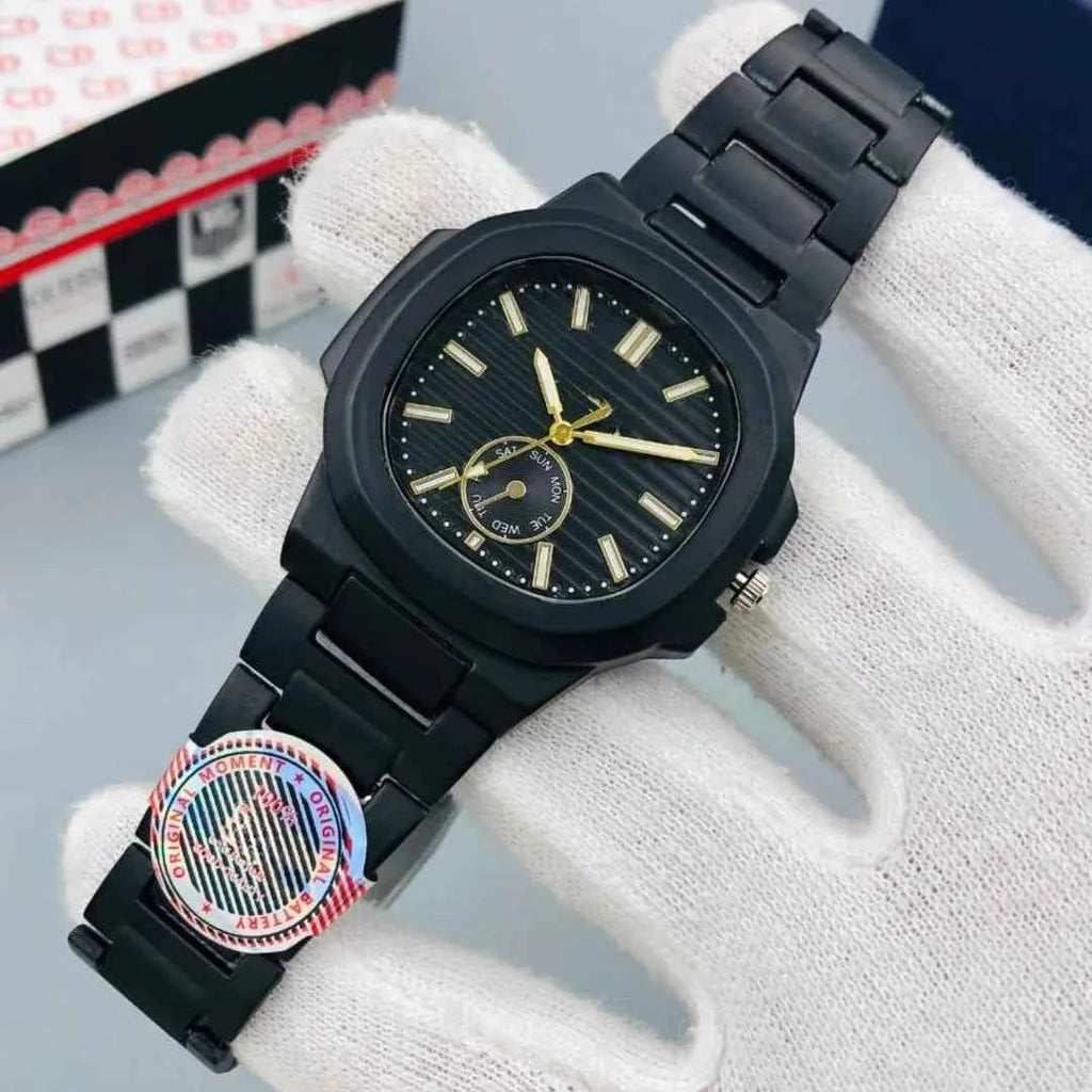 Men Square Watch Black Dial Silver Steel Chain Strap