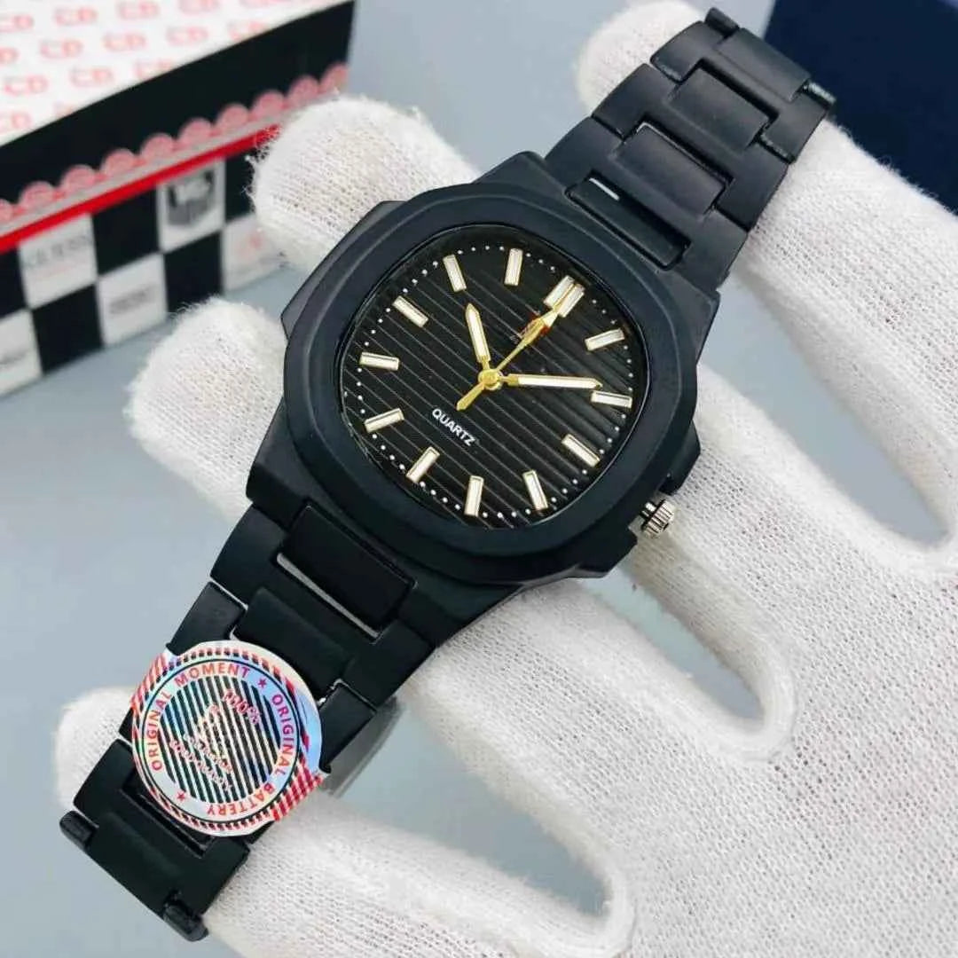 Men Square Watch Black Dial Silver Steel Chain Strap