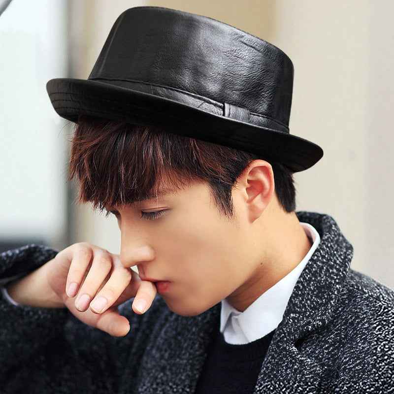 Black Croc PU Leather Men's Hat with Adjustable Strap