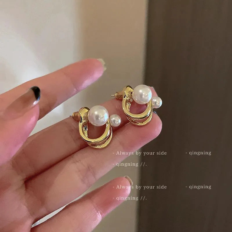 Pearl Korean Earrings Gold Finish 2 in 1 Set