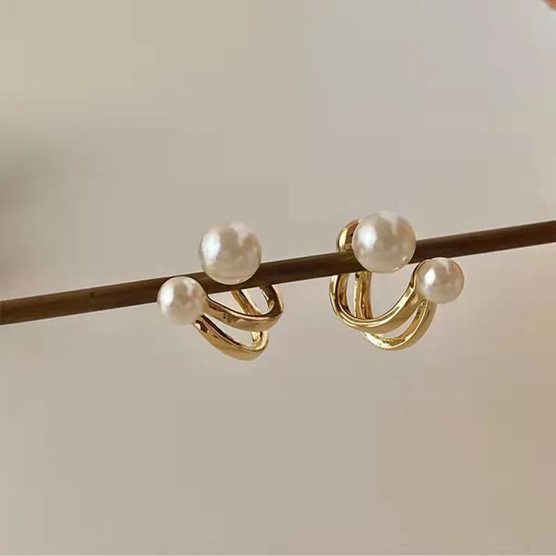 Pearl Korean Earrings Gold Finish 2 in 1 Set