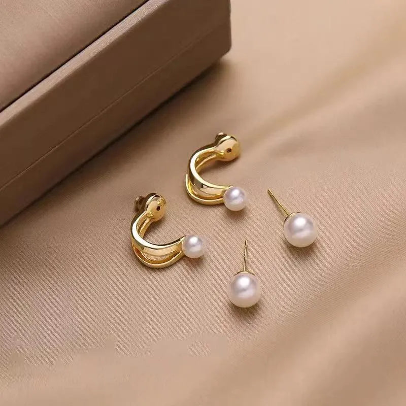 Pearl Korean Earrings Gold Finish 2 in 1 Set