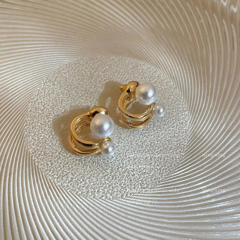 Pearl Korean Earrings Gold Finish 2 in 1 Set