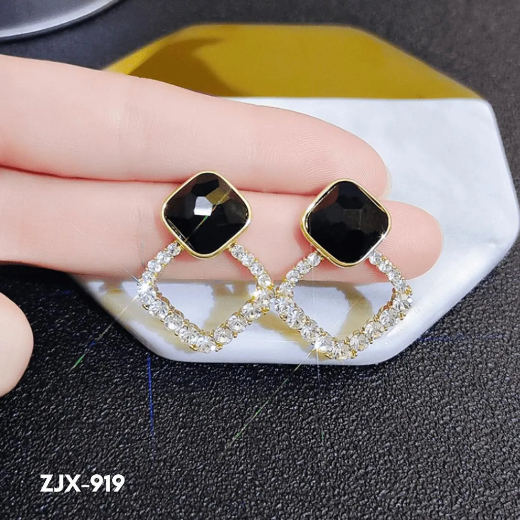 Black Square Stone Earrings with Crystal Halo for Women