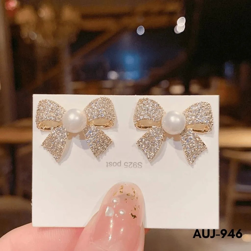 Bow Earrings Gold Pearl Sparkling Zircon S925