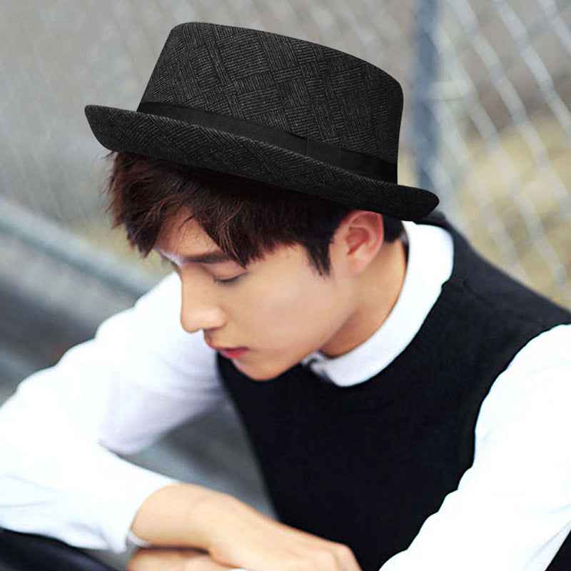 Men Plaid Jazz Hat Cotton Linen Sun Protection Black Gray