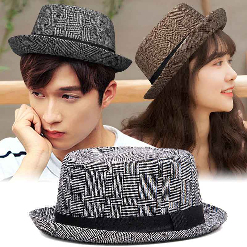 Men Plaid Jazz Hat Cotton Linen Sun Protection Black Gray